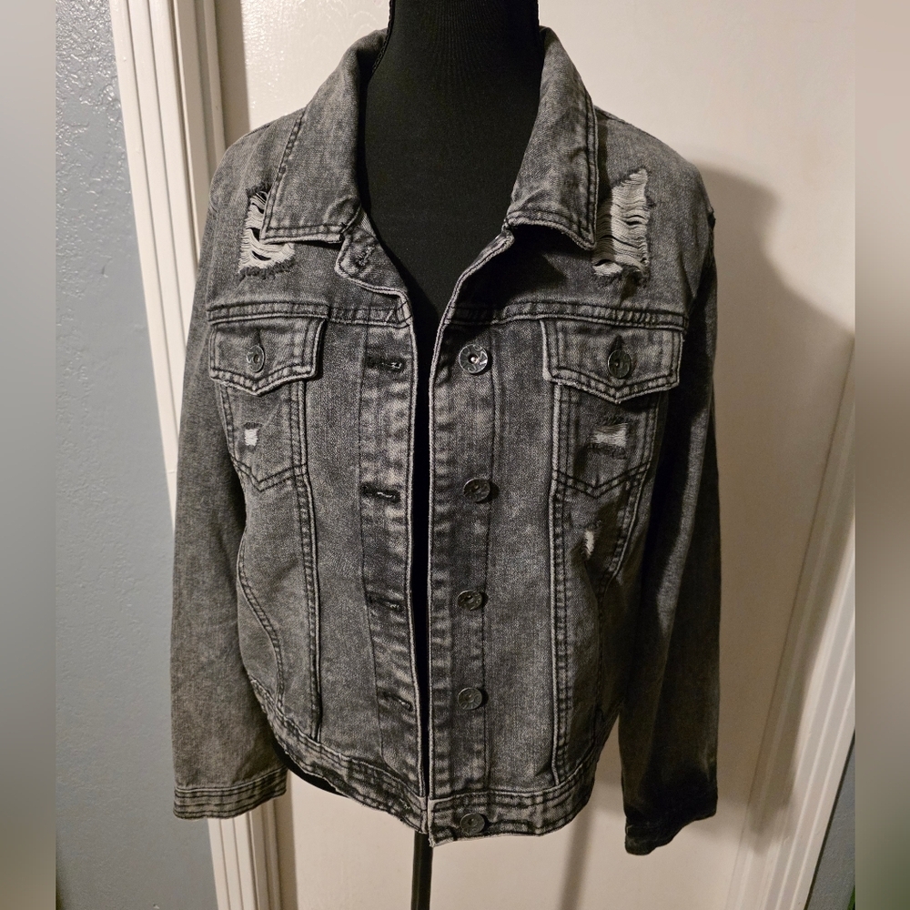 Excuse Gray Distressed Denim Jacket Size XL